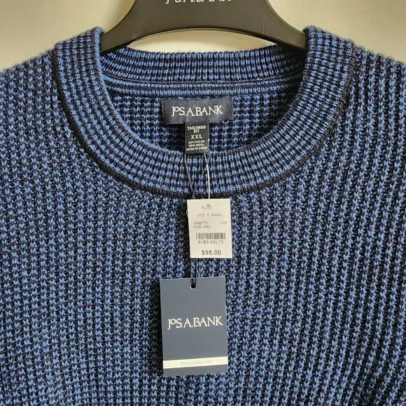 XXL Sweater Blue Navy Jos A Bank Crewneck Chunky Knit Tailored Fit Mens Wool Mix - Picture 6 of 17